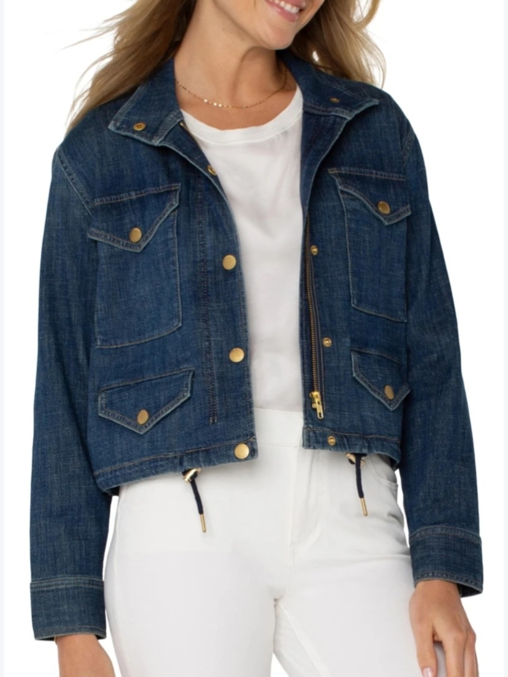 Liverpool Dark Blue Denim Crop Jacket with Gold Hardware